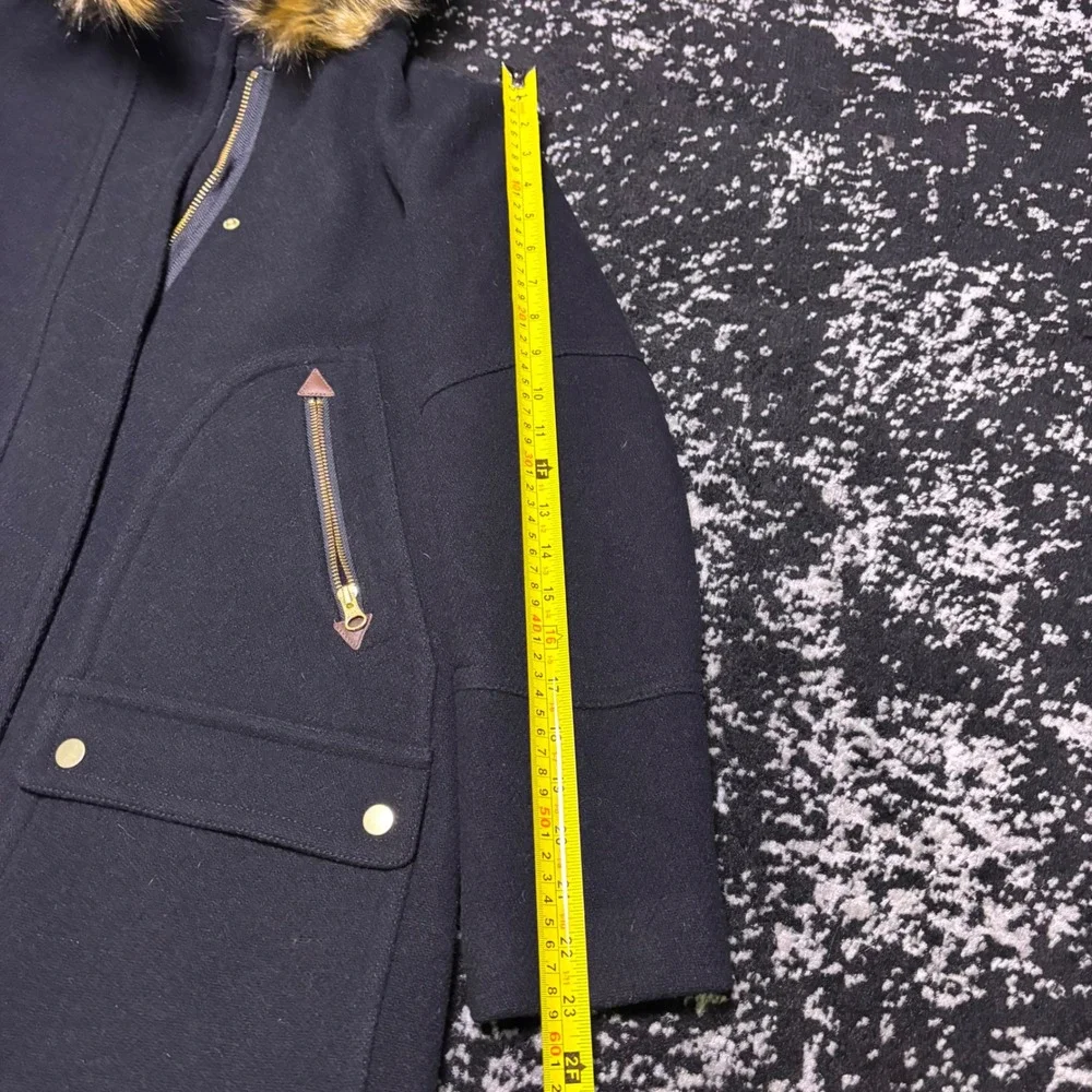 J.Crew Chateau Parka Italian Wool Coat Black Faux Fur Hood Size 2 E0368